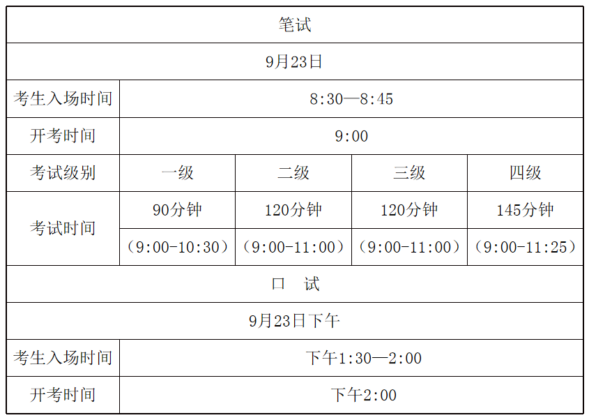 衢州地区英语等级考场安排表